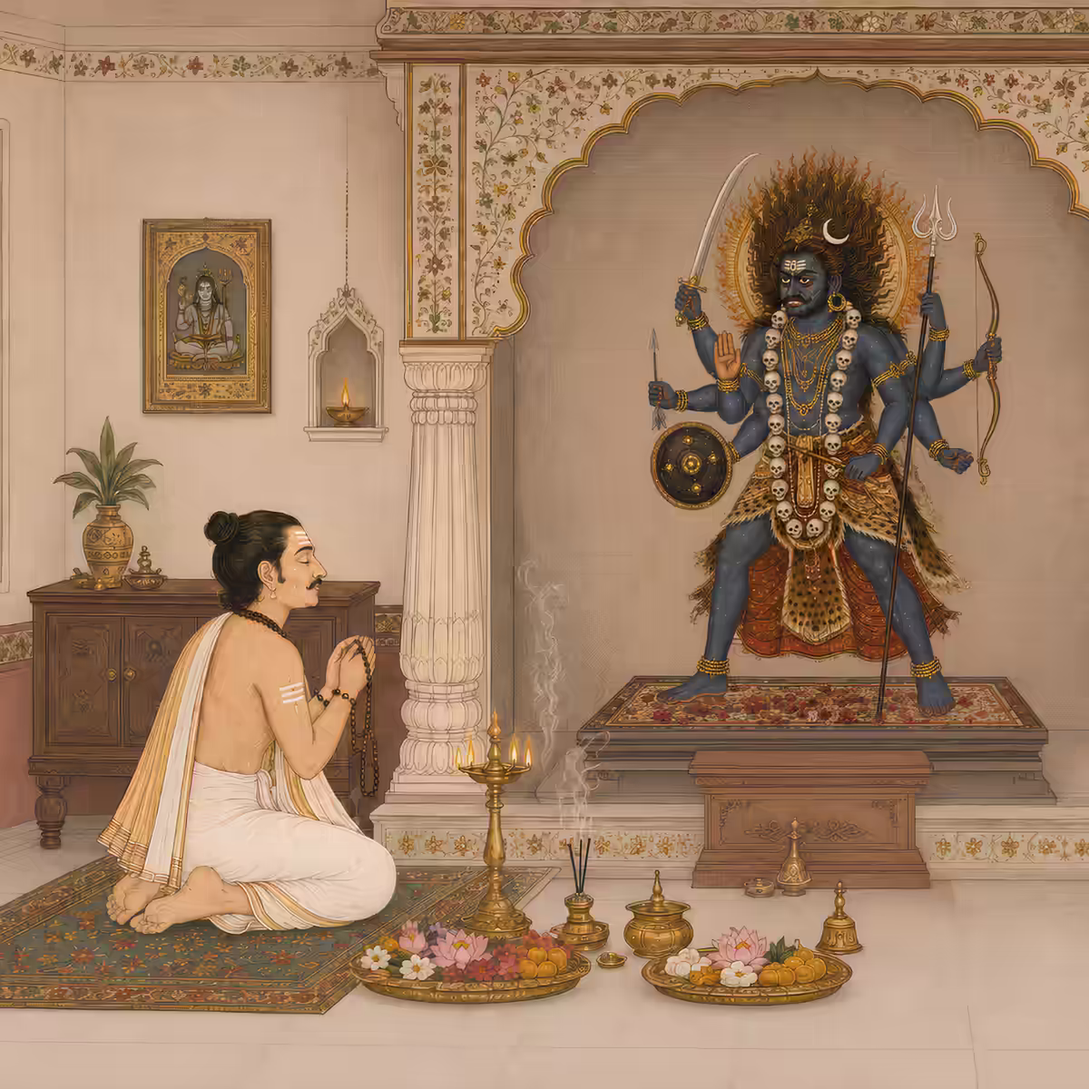 A practitioner offering prayers with devotion to the fierce, multi-armed Ugra form of Lord Veerabhadra in a beautifully decorated traditional shrine.