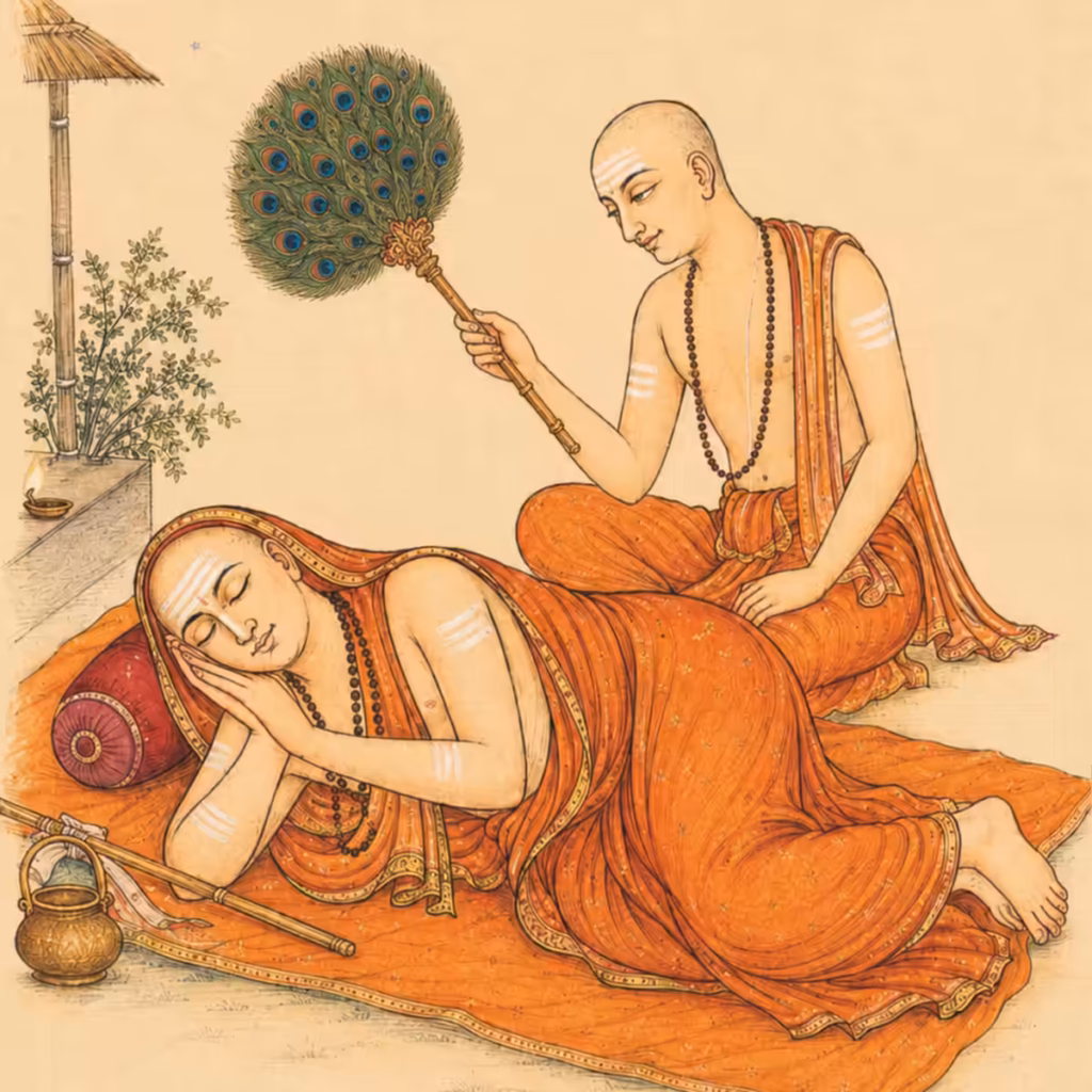 A devoted disciple humbly fanning his sleeping guru with a peacock feather fan, illustrating the profound seva and humility required to earn true knowledge.