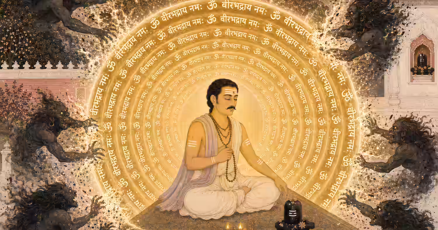 A devotee meditating and chanting the Om Veerabhadraya Namah mantra, creating a protective glowing shield against negative energies and fierce entities.