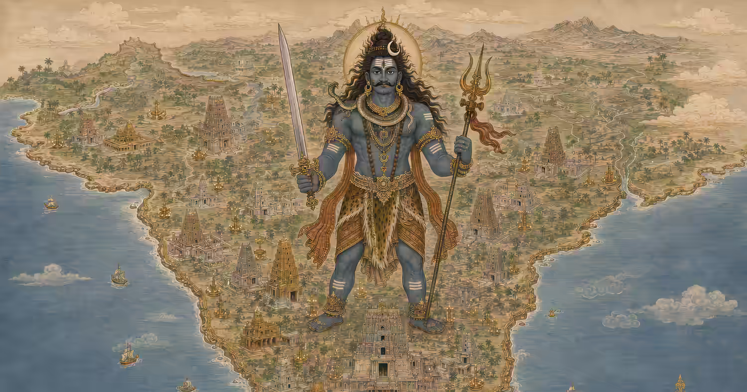 A magnificent artistic depiction of Lord Veerabhadreshwara standing as a massive guardian deity over a detailed map of South India.