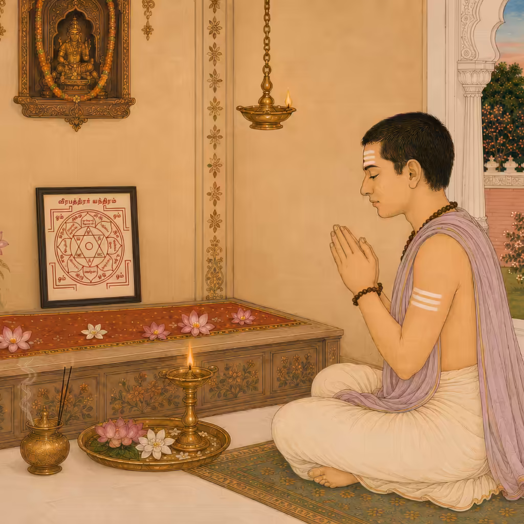 A householder safely praying to an energized Veerabhadra Yantra at home, seeking divine grace and a shield against negative energy.