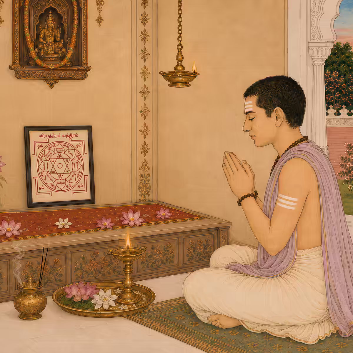 A householder safely praying to an energized Veerabhadra Yantra at home, seeking divine grace and a shield against negative energy.