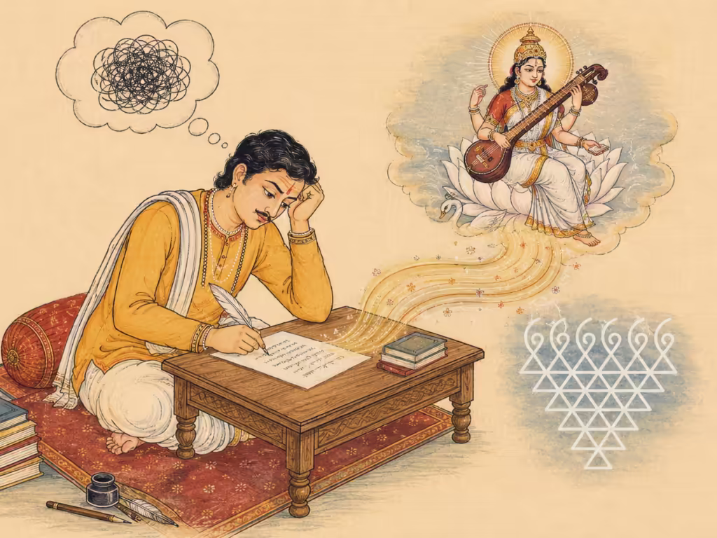 A frustrated writer experiencing a mental block with tangled thoughts, receiving divine inspiration and a flow of knowledge directly from Goddess Saraswati.