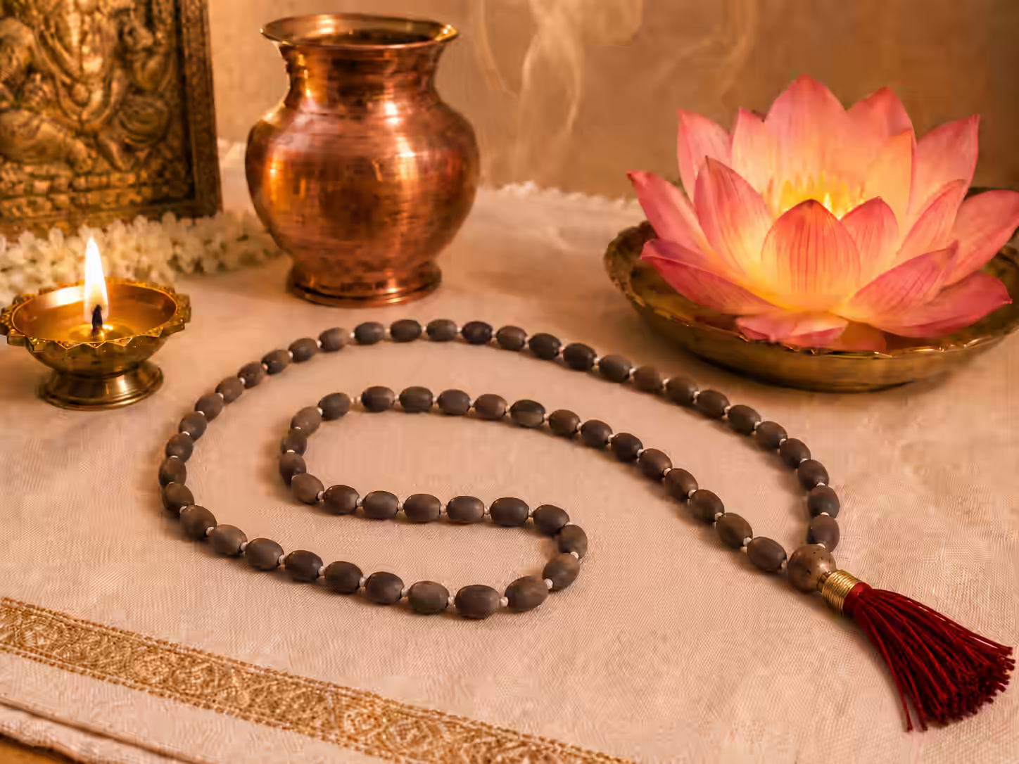 Guru-energized Kamalgatta japa mala made from natural dried lotus seeds for Lakshmi sadhana.