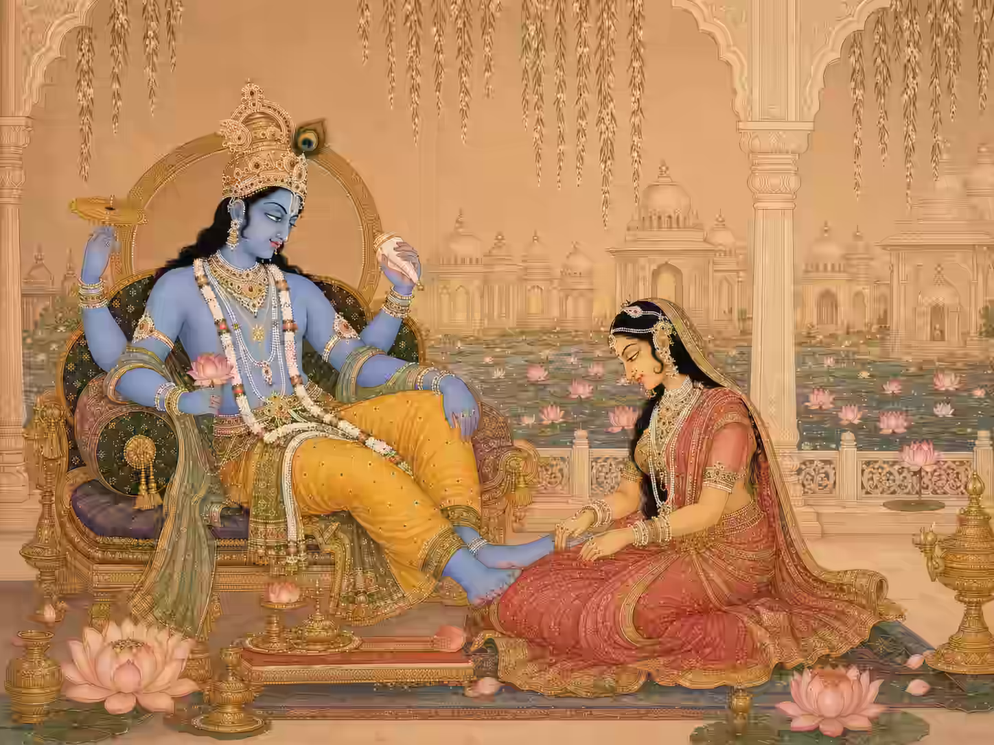 Rajasthani-style devotional artwork of Lord Vishnu seated or resting peacefully in Vaikuntha, with Lakshmi Devi seated near His lotus feet in loving service, a subtle golden Shrivatsa mark on His chest, and a serene atmosphere of divine companionship, harmony, devotion, and peace.