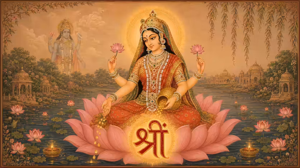 Rajasthani-style devotional artwork of a glowing seed on sacred earth with the luminous syllable “श्रीं” above it, from which a radiant golden spiritual tree blossoms, framed by hanging vines and a subtle lotus-like divine aura.