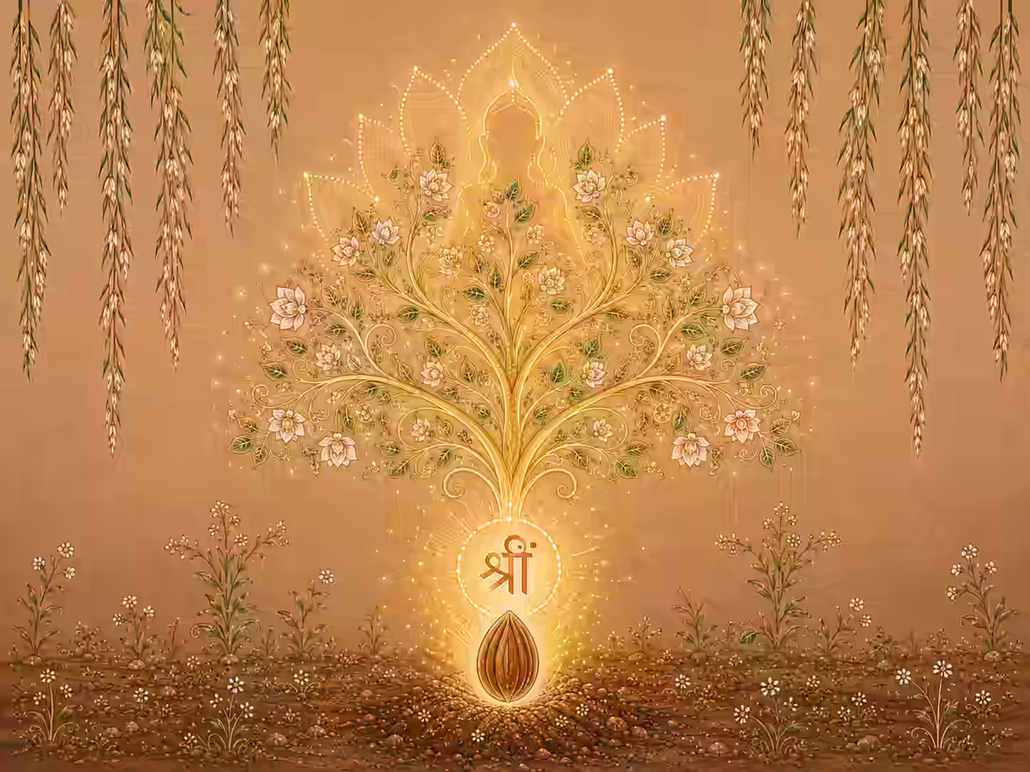 Rajasthani-style artwork of a radiant seed resting on sacred earth, glowing with the syllable “श्रीं,” from which a luminous spiritual tree blossoms upward, with lotus-like branches and a subtle Lakshmi-inspired aura.
