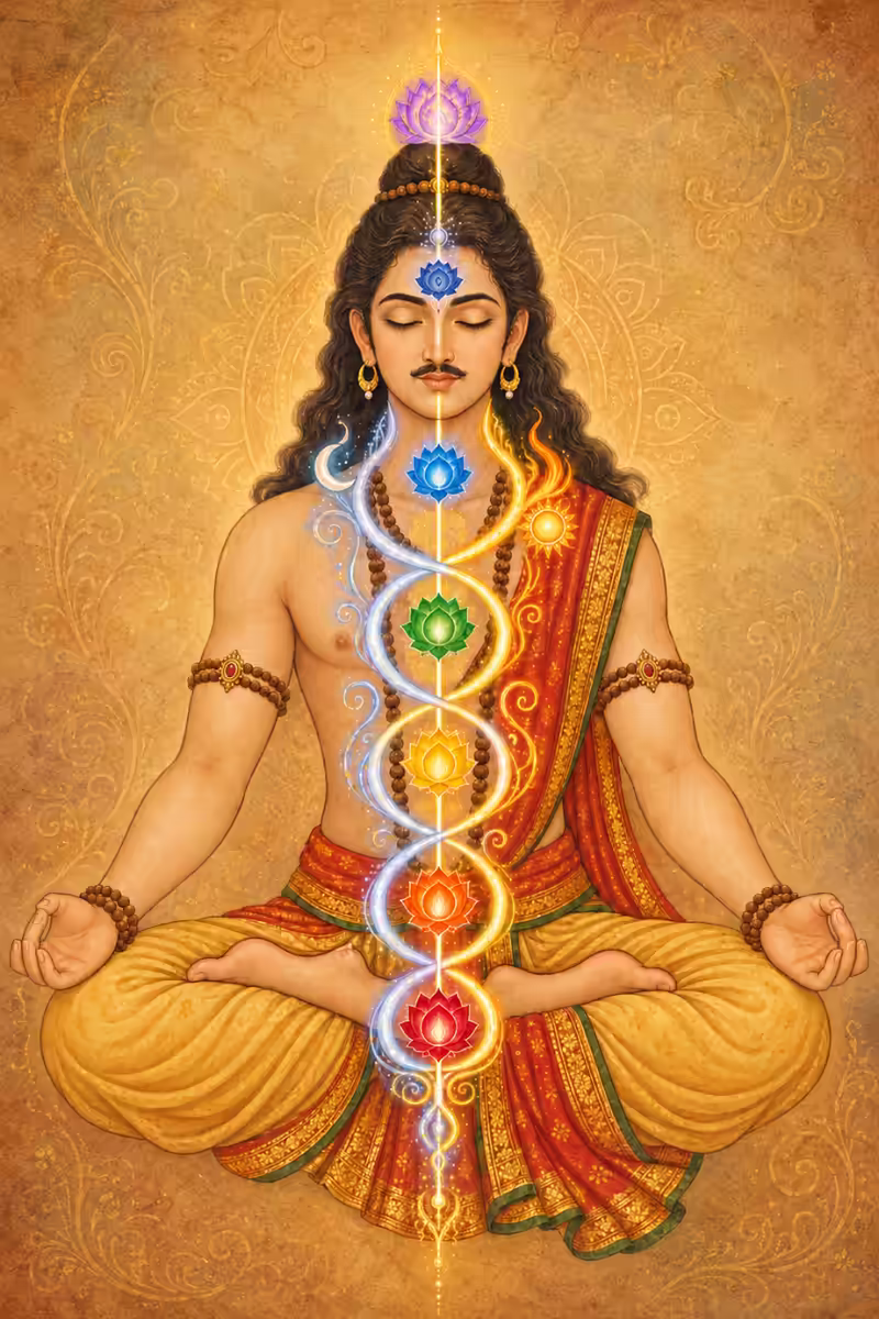 A meditating seeker with glowing chakras, illustrating how the Om Dum Durgayei Namaha mantra purifies the subtle channels and harmonizes energy.