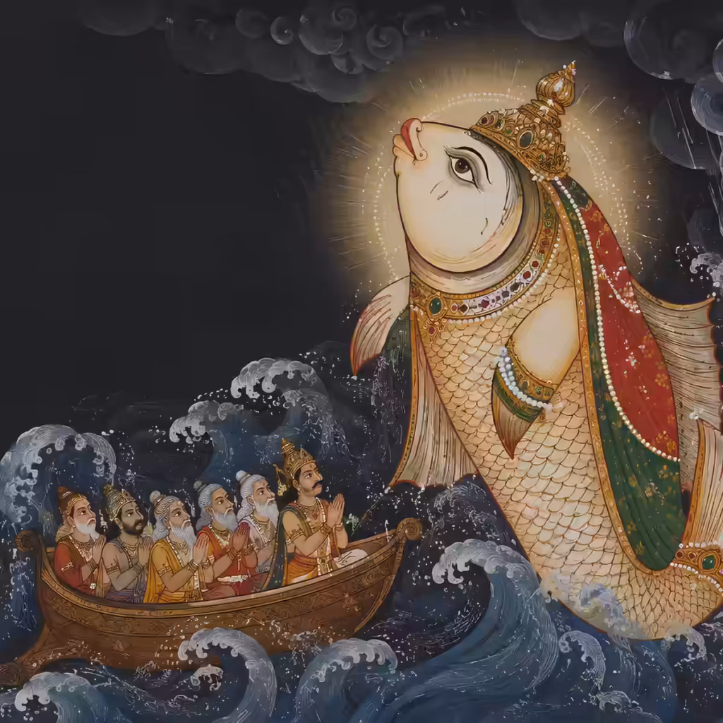 Lord Vishnu in His divine Matsya Avatar form, guiding and protecting King Manu and the Saptarishis in a boat amidst the turbulent cosmic flood.