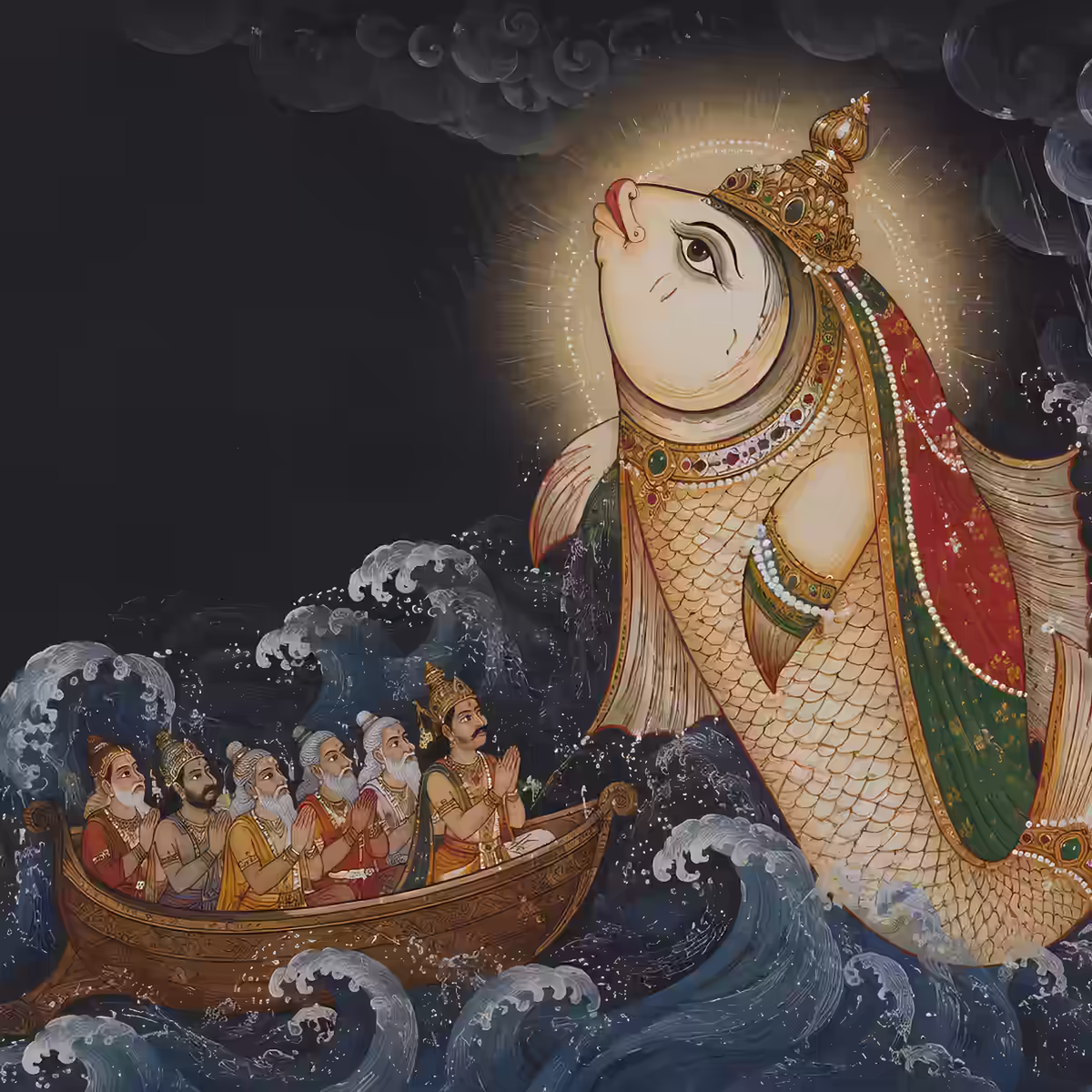 Lord Vishnu in His divine Matsya Avatar form, guiding and protecting King Manu and the Saptarishis in a boat amidst the turbulent cosmic flood.