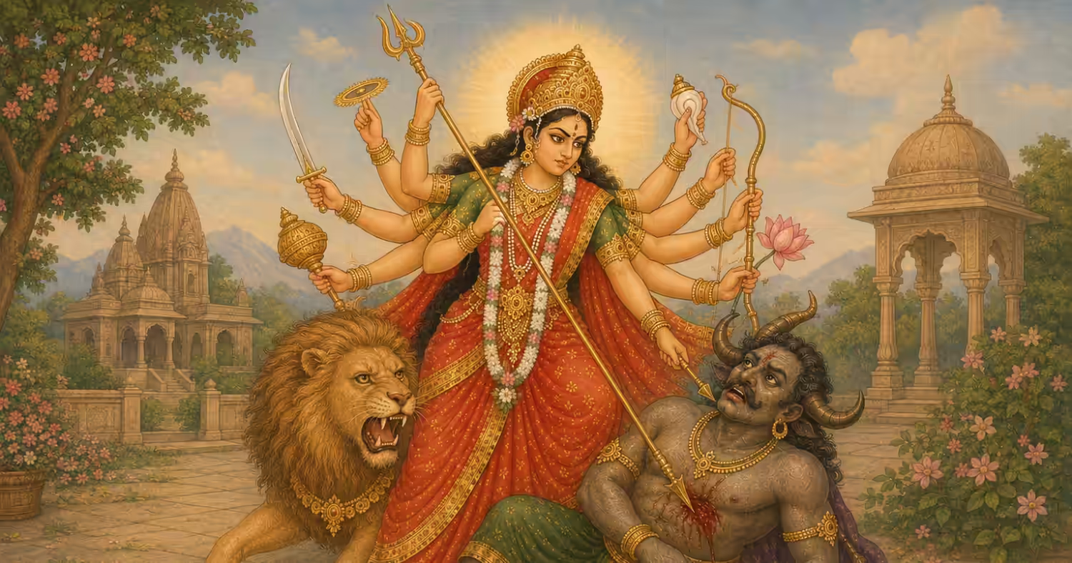 The eight-handed warrior Goddess Durga riding a fierce lion and wielding divine weapons to defeat the terrible demon Mahishasura and protect Dharma.