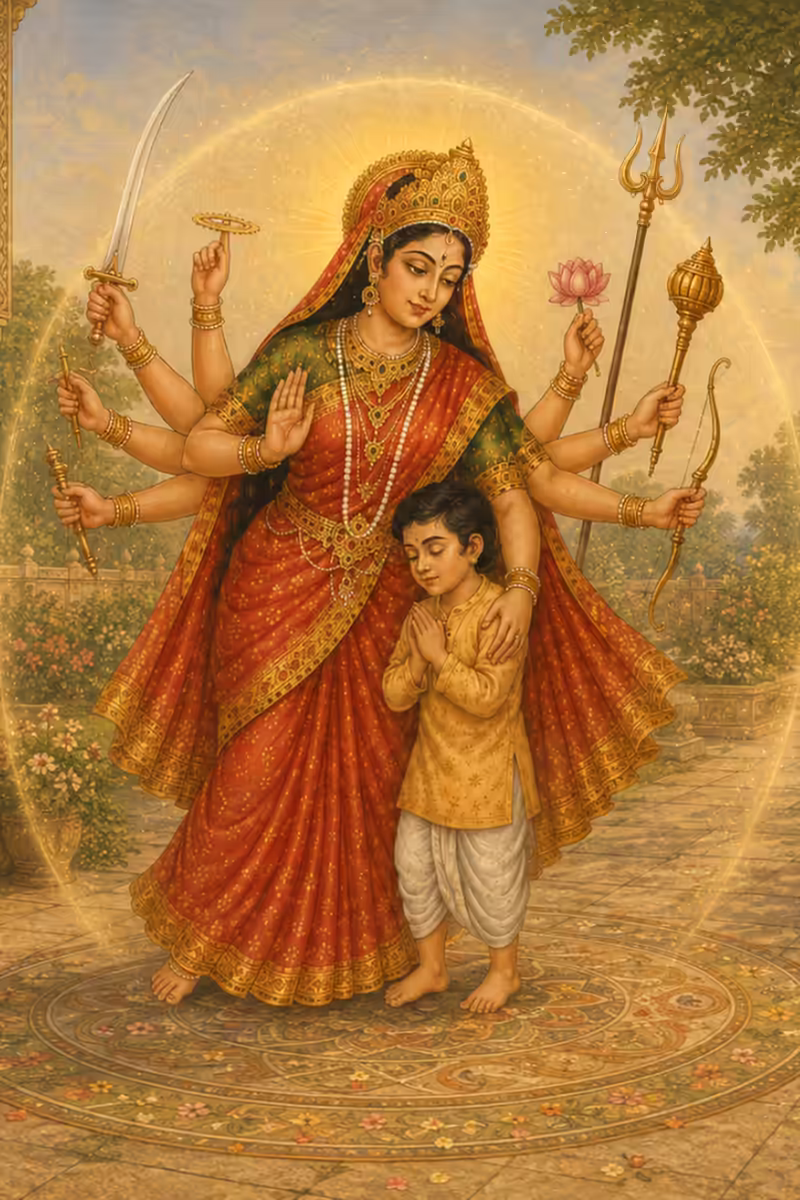 Goddess Durga standing as a loving, protective mother, casting a glowing divine shield around a young, praying devotee to ward off negativity.