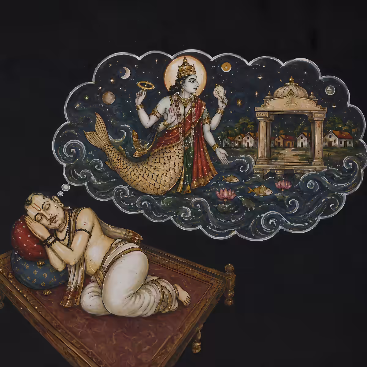 A sleeping devotee receiving a divine vision of Lord Vishnu's Matsya Avatar, symbolizing intuitive foresight.