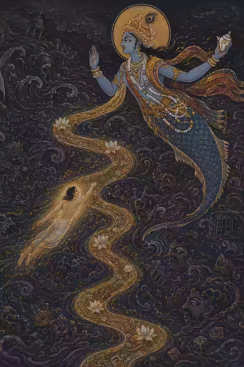 Lord Vishnu guiding a luminous soul through a dark, turbulent cosmic ocean, symbolizing safe passage through periods of crisis and karmic tests.