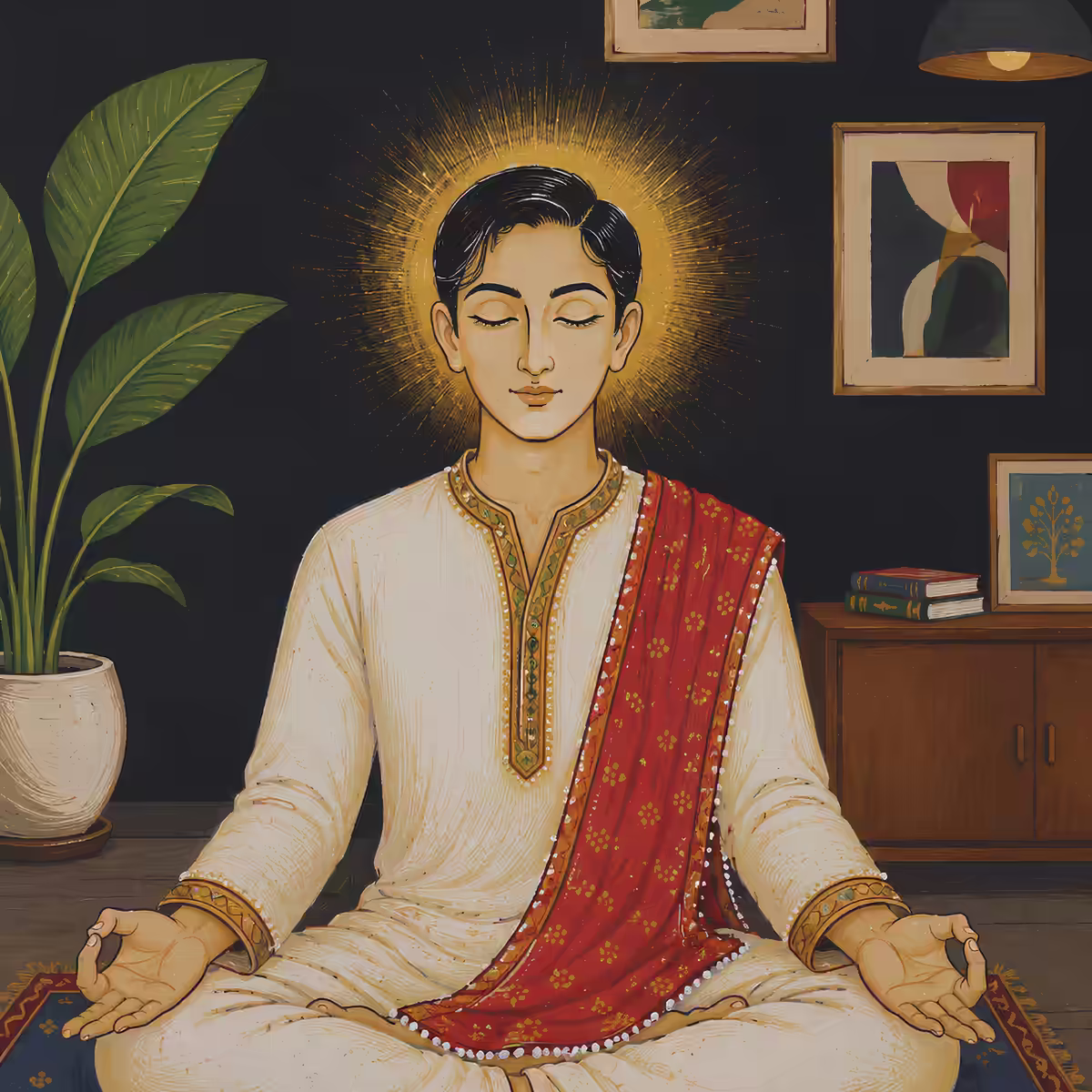A serene man meditating at home, illustrating the grounding and intuition of the Matsya Yantra.
