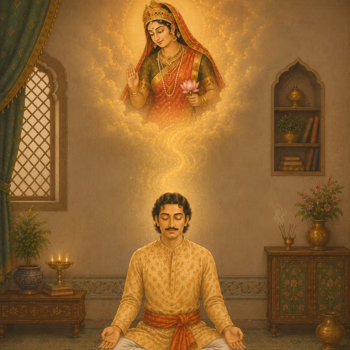 A practitioner experiencing deep inner liberation during meditation, as the divine manifestation of Goddess Durga showers golden, purifying energy directly into his consciousness.