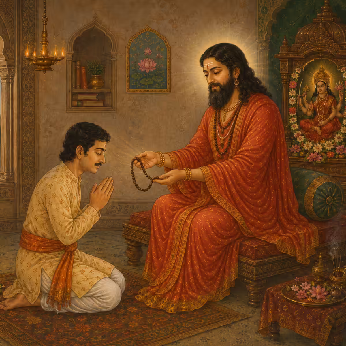 A qualified spiritual Guru handing a Japa mala to a kneeling disciple, giving them proper initiation to chant the Om Dum Durgayei Namaha mantra.