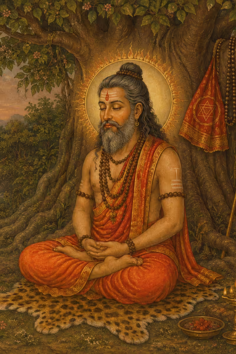 A self-realized Siddha Guru meditating deeply under a sacred tree, highlighting the essential need for spiritual guidance before chanting Beeja mantras.
