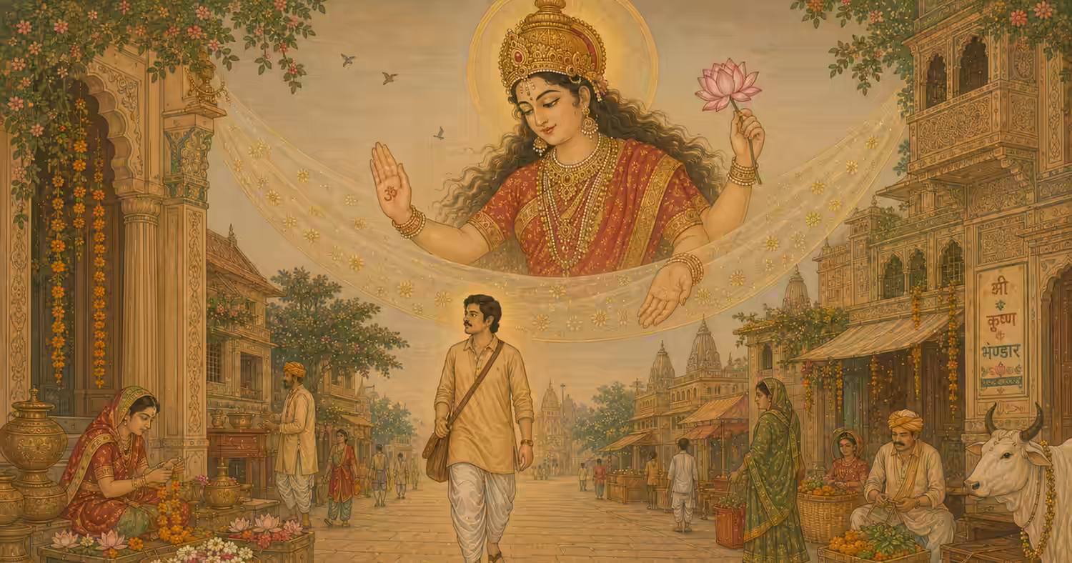 A spiritual illustration showing the omnipresent and benevolent grace of Devi Durga watching over and protecting a devotee walking through a busy street.