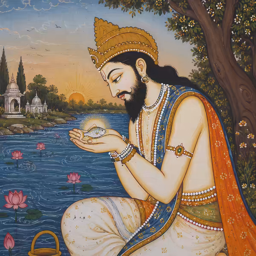 Illustration of King Manu gently holding the divine fish, Lord Vishnu's Matsya Avatar, by the riverbank.