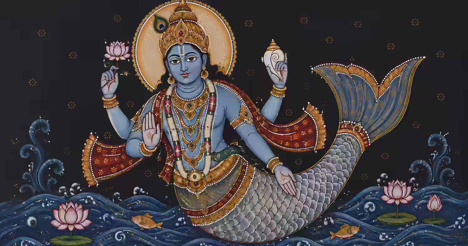 A majestic depiction of Lord Vishnu in His divine Matsya form, holding a conch and lotus in the ocean.