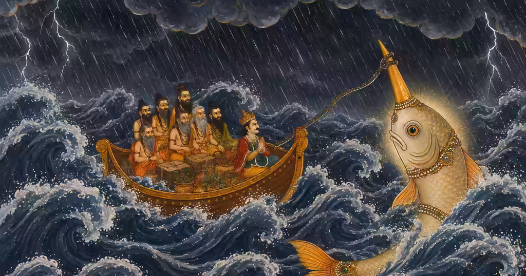 Lord Vishnu in His Matsya Avatar guiding King Manu's boat with the Saptarishis safely through the cosmic deluge.