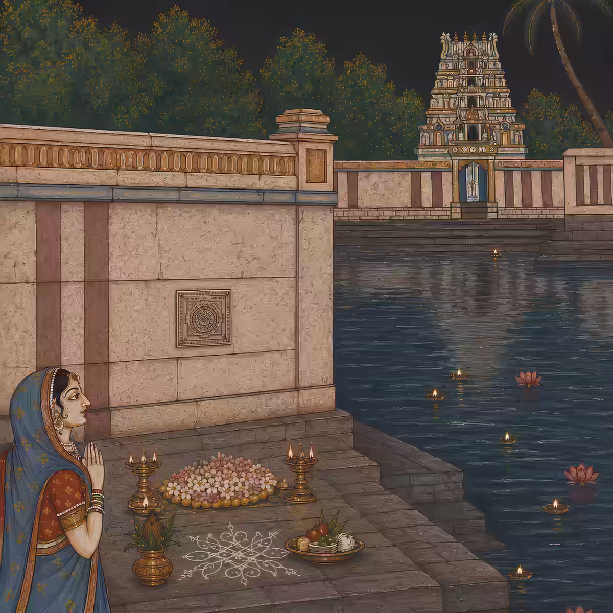 A devotee offering prayers near a water source with a sacred Matsya Yantra engraved on the temple wall.