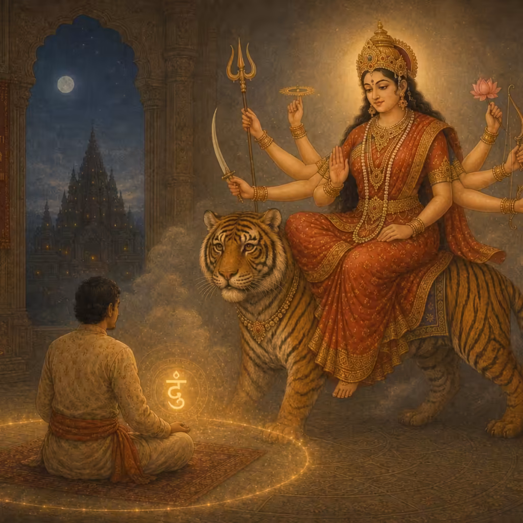 A devotee meditating on the glowing Beeja mantra Dum, receiving divine protection and blessings from the eight-handed Goddess Durga seated on a majestic tiger.