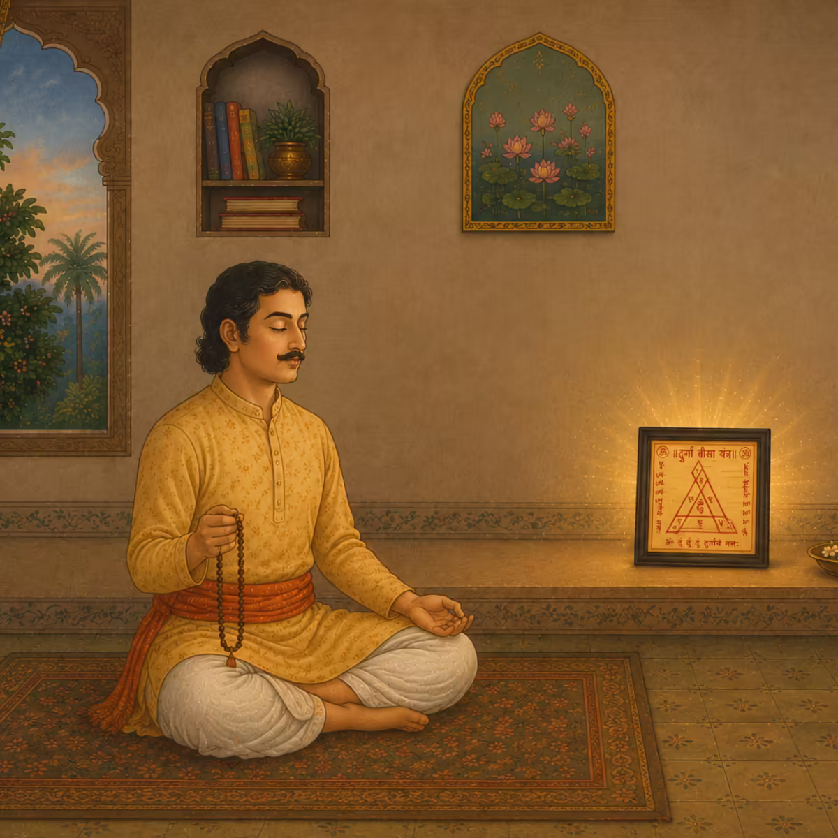 A devoted seeker holding a japa mala, meditating deeply on a glowing Durga Bisa Yantra to absorb Devi Durga’s spiritual protection and transformative energy.