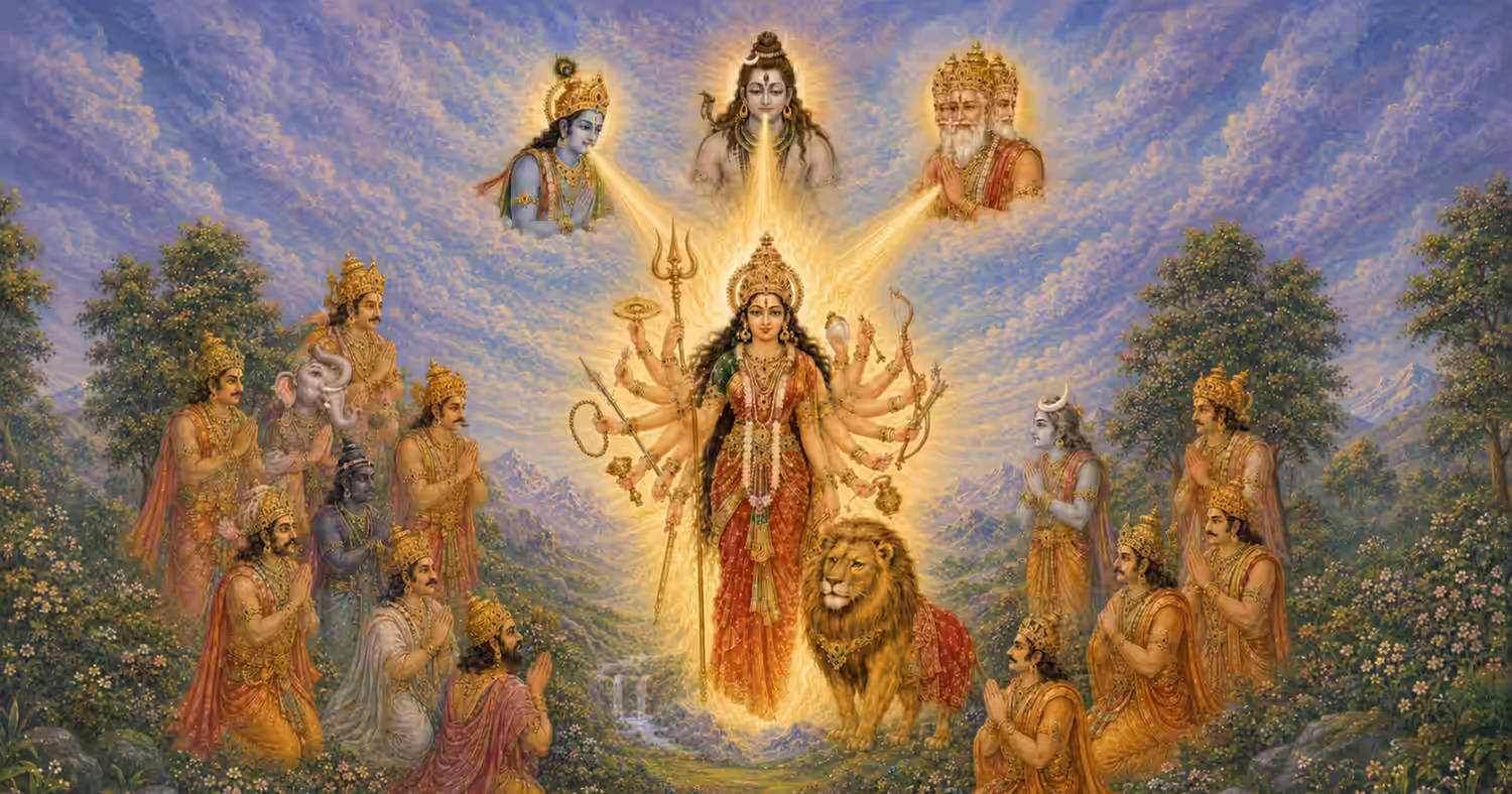 Goddess Durga emerging in full glory from the combined divine potency of Brahma, Vishnu, and Lord Shiva to slay the demon Mahishasur.