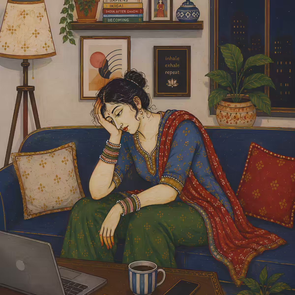A stressed woman sitting with her laptop, representing the emotional turmoil that the Matsya Yantra helps dissolve.
