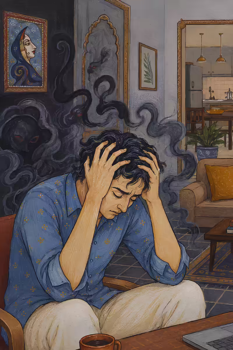 A highly stressed man surrounded by dark, swirling shadows, representing the psychic clutter, anxiety, and negative environments.