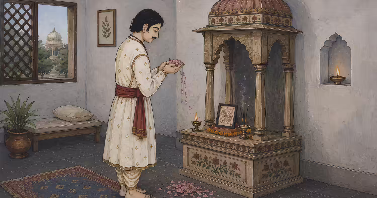 A devoted man offering prayers and incense to a framed Matsya Yantra placed correctly in his sacred space.