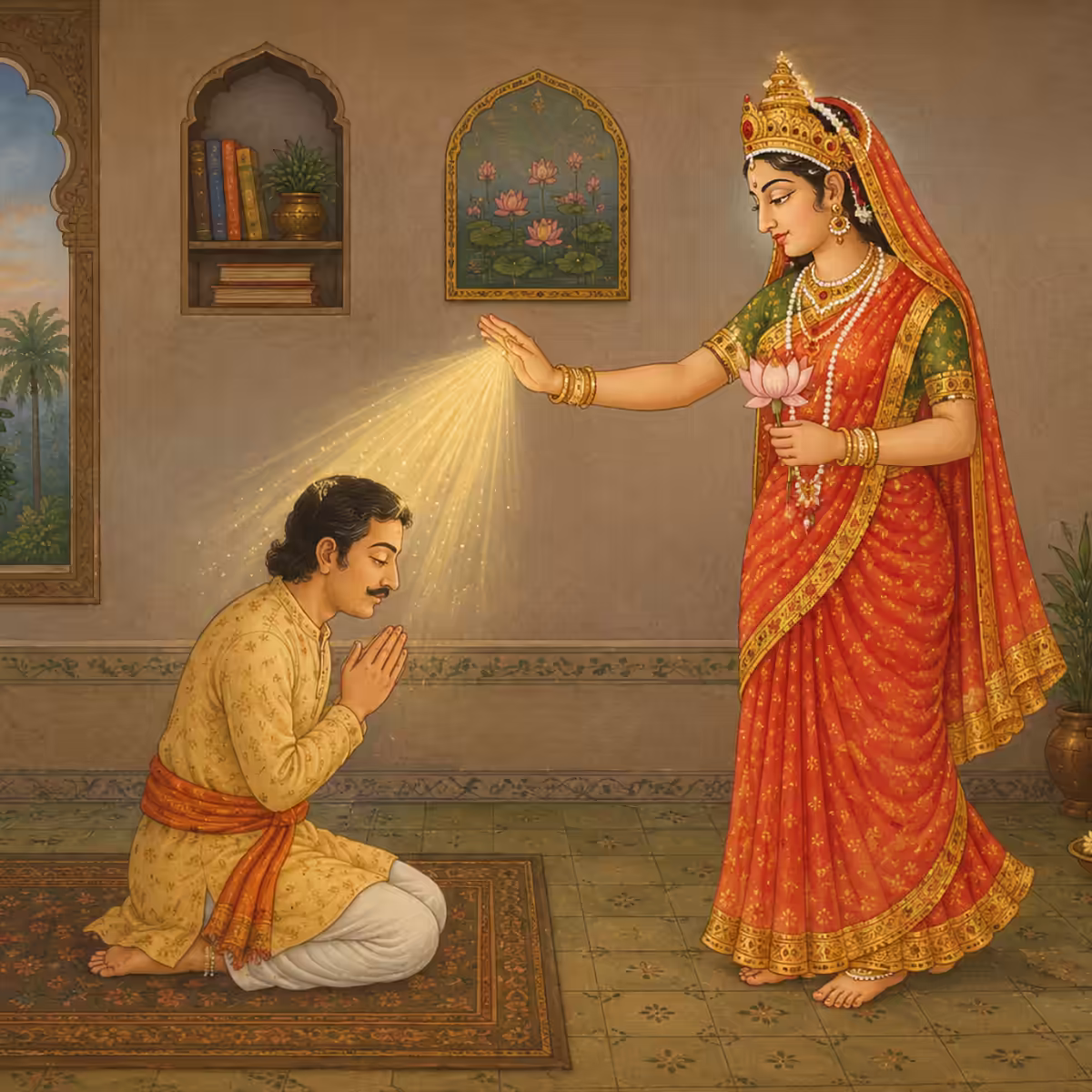 Devi Durga physically manifesting to shower golden, transformative light and blessings onto a sincerely devoted seeker kneeling in prayer.