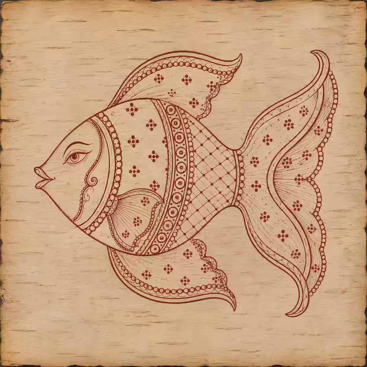 A beautifully detailed traditional drawing of a fish, representing the central motif of the Matsya Yantra.