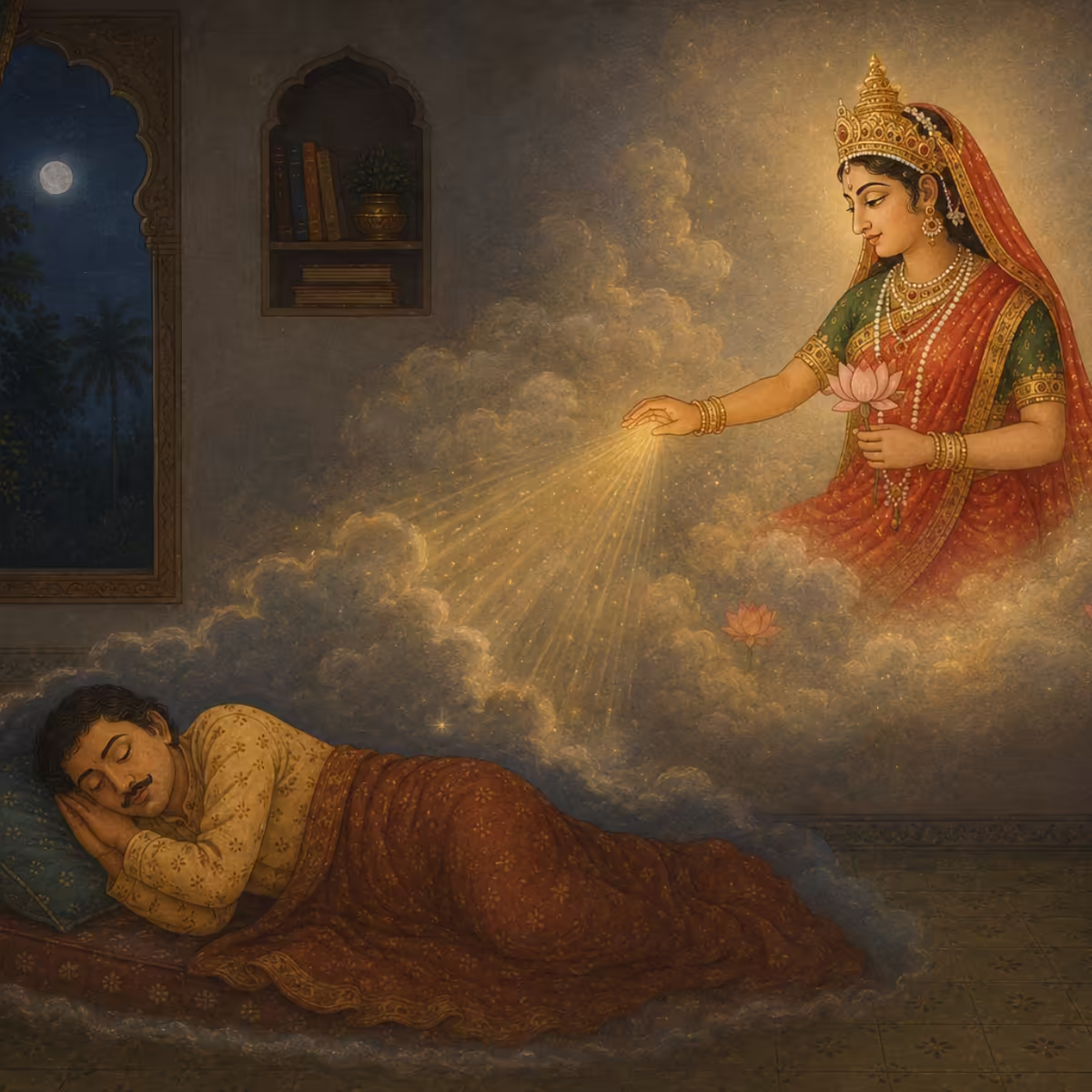 : A peaceful illustration of Devi Durga appearing in the dream of a sleeping devotee, radiating a gentle golden light to offer divine guidance and emotional harmony.