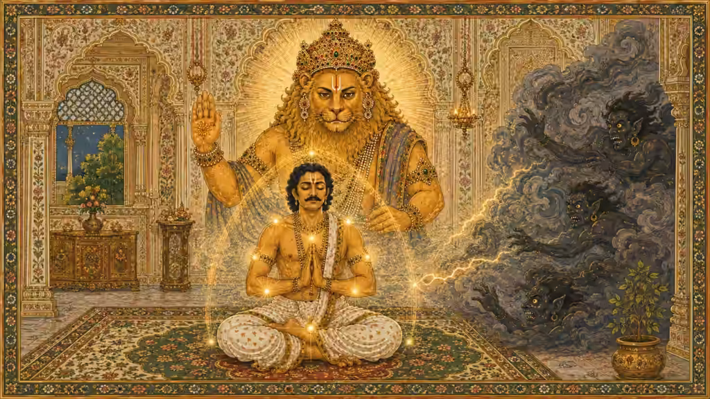 A beautiful Rajput-style illustration of a meditating devotee enveloped in a radiant golden shield, representing the spiritual armor of the Narasimha Kavacham. The majestic Lord Narasimha stands behind him, effortlessly repelling dark, demonic forces and negative energies to ensure ultimate divine protection.