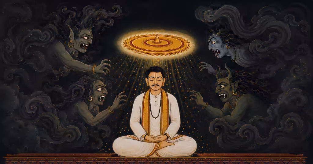 A meditating man shielded by a glowing divine discus repelling negative forces, highlighting dynamic protective energies.