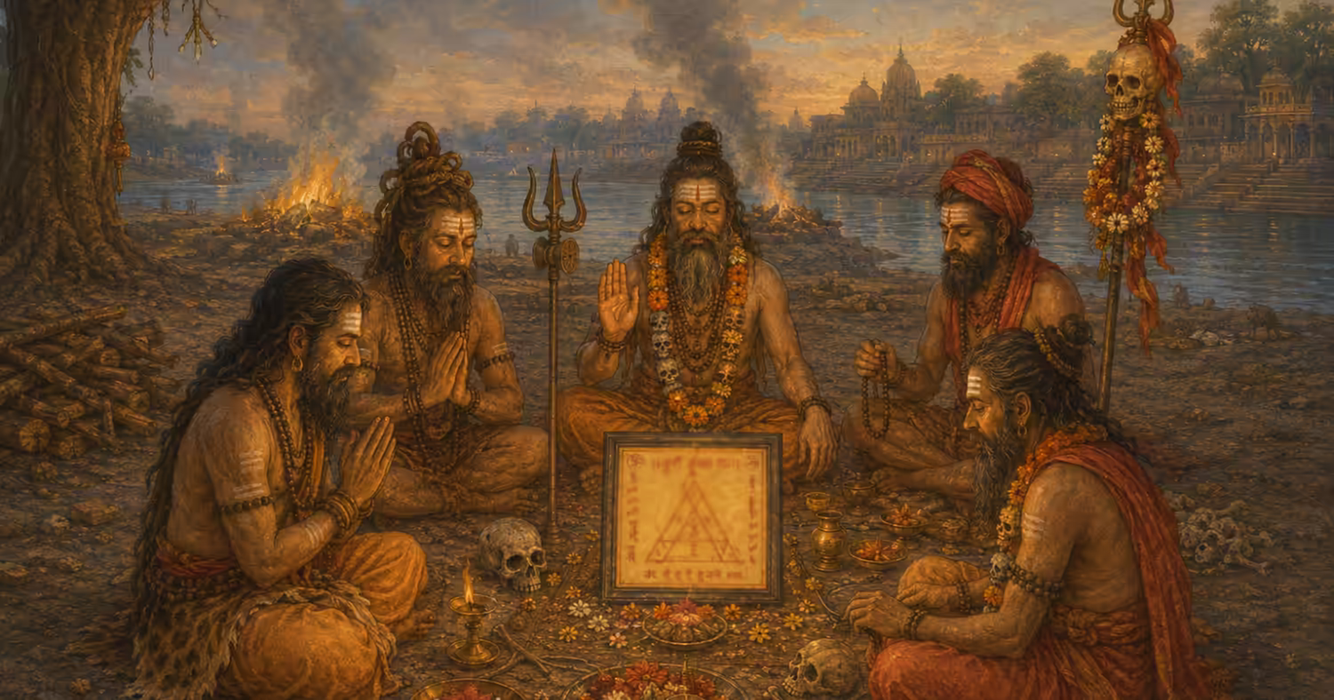 : Aghori and Shakta Tantric sadhakas performing intense meditation around the sacred Durga Bisa Yantra near a riverside cremation ground.