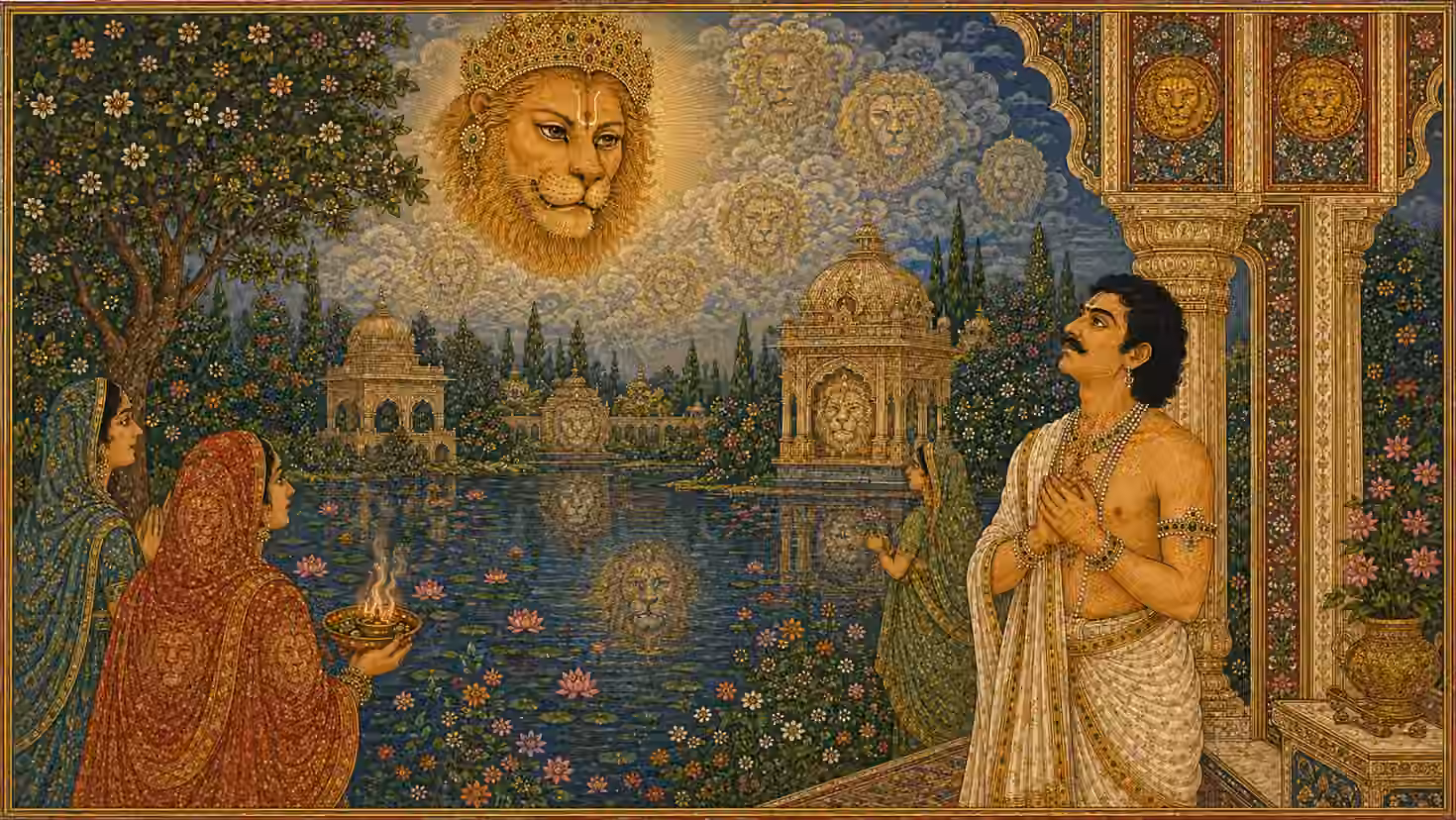 A beautiful illustration of devotee by a sacred lotus lake, as the majestic face of Lord Narasimha subtly manifests throughout the clouds, water reflections, and architecture, symbolizing His omnipresent protection as described in the Kavacham.