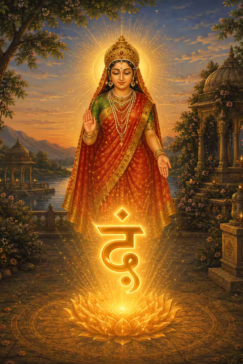 Goddess Durga blessing the powerfully glowing Beejakshara 'Dum' hovering over a golden lotus, symbolizing the fiery essence and source vibration of her energy.