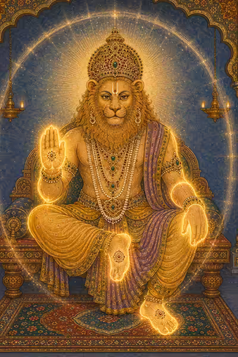 A breathtaking illustration of Lord Narasimha seated majestically on a throne, emanating a brilliant, impenetrable golden aura that serves as divine armor .