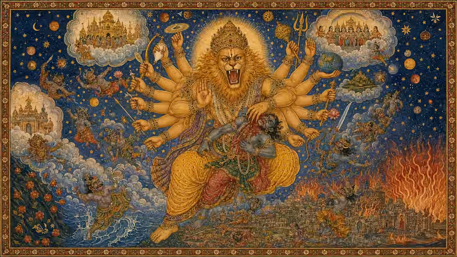 A magnificent, multi-armed Lord Narasimha roaring fiercely to destroy demonic forces across the cosmic manifestation, protecting his devotees and sustaining the universe.