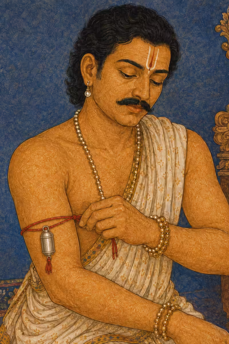 A devoted practitioner carefully tying a sacred Narasimha Kavacha amulet, crafted from authentic Himalayan Bhoj Patra, to his arm to keep the Lord's continuous protective energy close at all times.