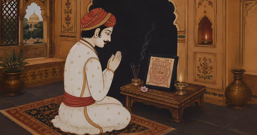 A devoted man offering flower petals to a sacred Matsya Yantra placed on a home altar, ensuring its continuous divine blessings and potency.