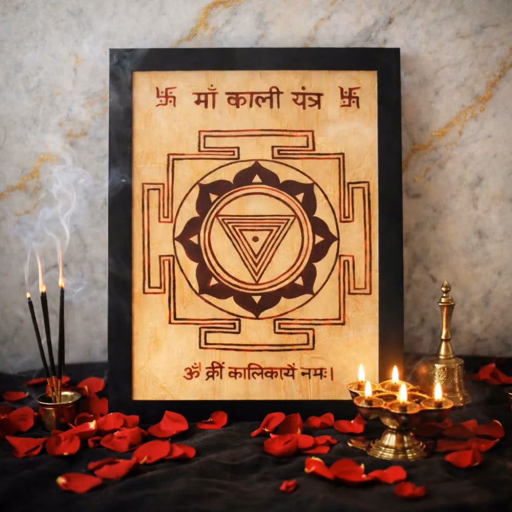 Authentic Ma Kali Yantra hand-drawn on Bhojpatra with the Beej Mantra 'Om Krim Kalikaye Namah', surrounded by red rose petals, a brass bell, and a multi-wick oil lamp.