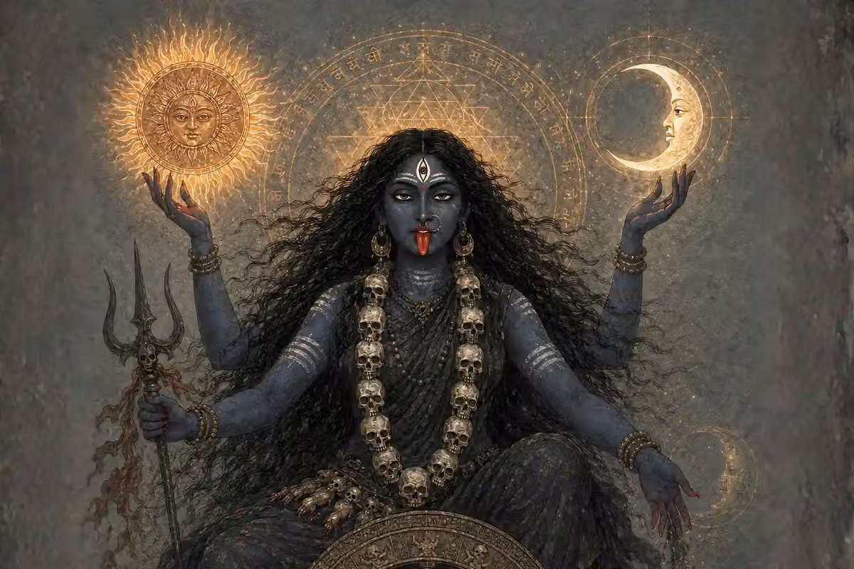 The magnificent form of Devi Kali holding the sun and moon, symbolizing Mahamaya and her ultimate control over the illusion of the universe and the passage of Time.