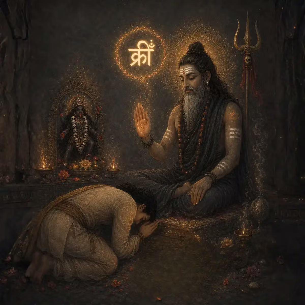 A humble disciple bowing in Guru Sharanagati before an experienced Guru, essential for safely navigating the rapid karmic effects of Kali mantra sadhana.