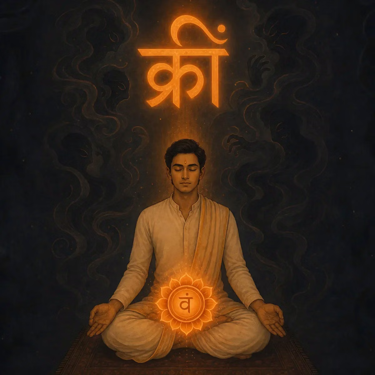 A seeker practicing a safe chakra meditation sequence, focusing on the Root Chakra while preparing to mentally chant the Kali mantra.