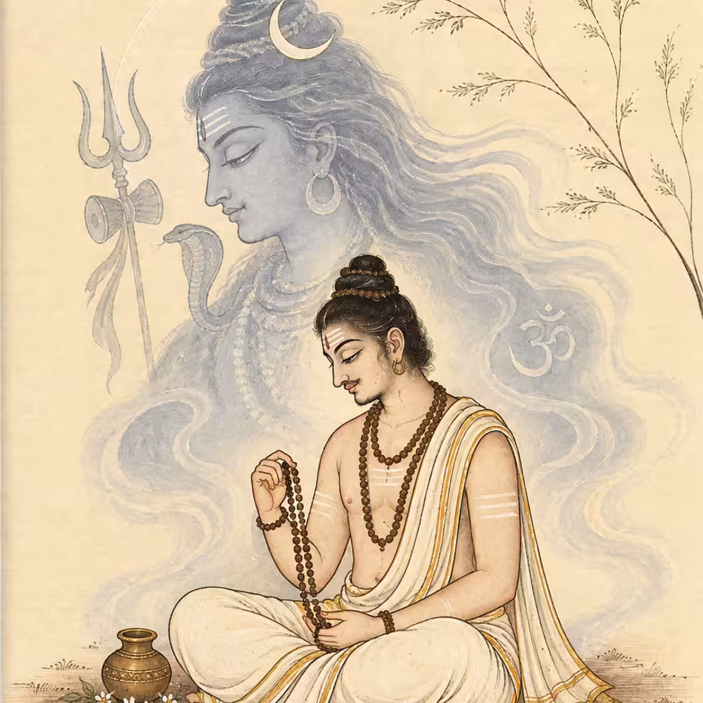 A spiritual practitioner peacefully chanting the Panchakshari mantra using a 108-bead Rudraksha mala, with an ethereal image of Lord Shiva in the background.